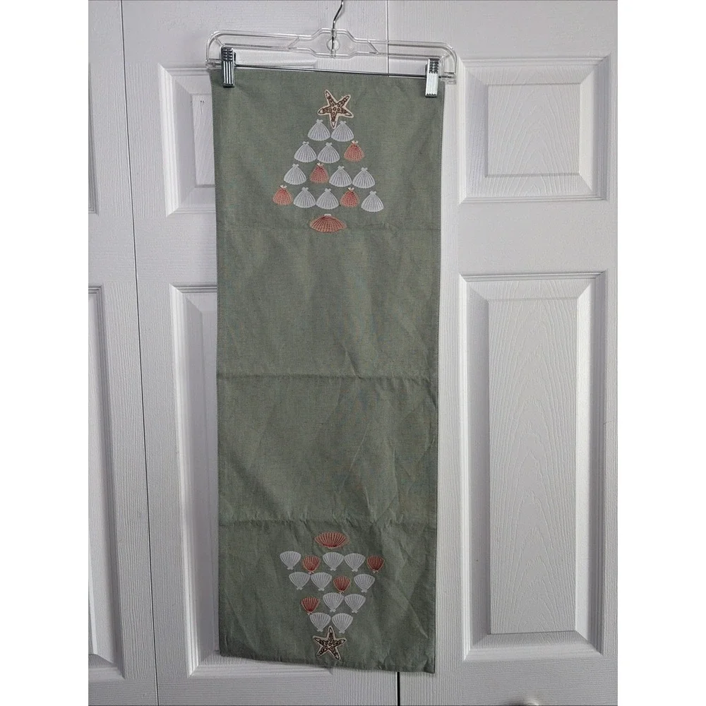 St Nicholas Square Coastal Shell Tree Table Runner Size OS Green Linen Cotton